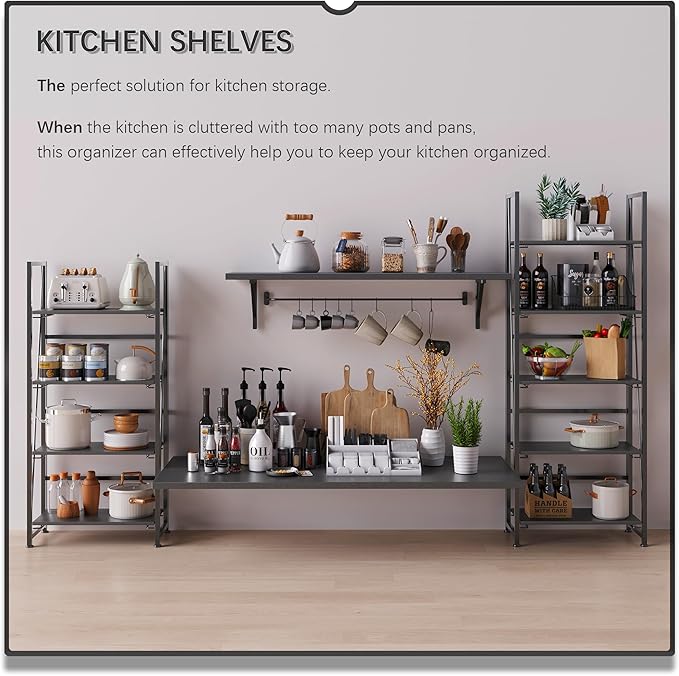 4NM No-Assembly Folding Bookshelf Storage Shelves 4 Tiers Vintage Bookcase Standing Racks Study Organizer Home Office (All Black)