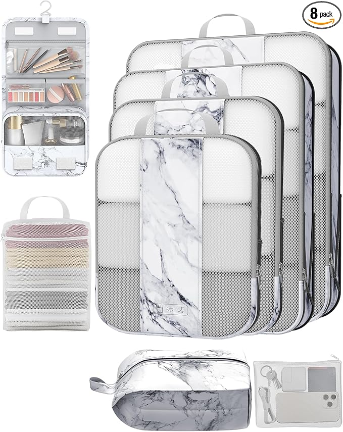 8 Set Compression Packing Cubes for Travel Essentials,Compressible Expandable Packing Cubes for Suitcase,OlarHike Luggage Organizer Bags for Travel,Handy Helper for Organizing Clothes(White Marble)