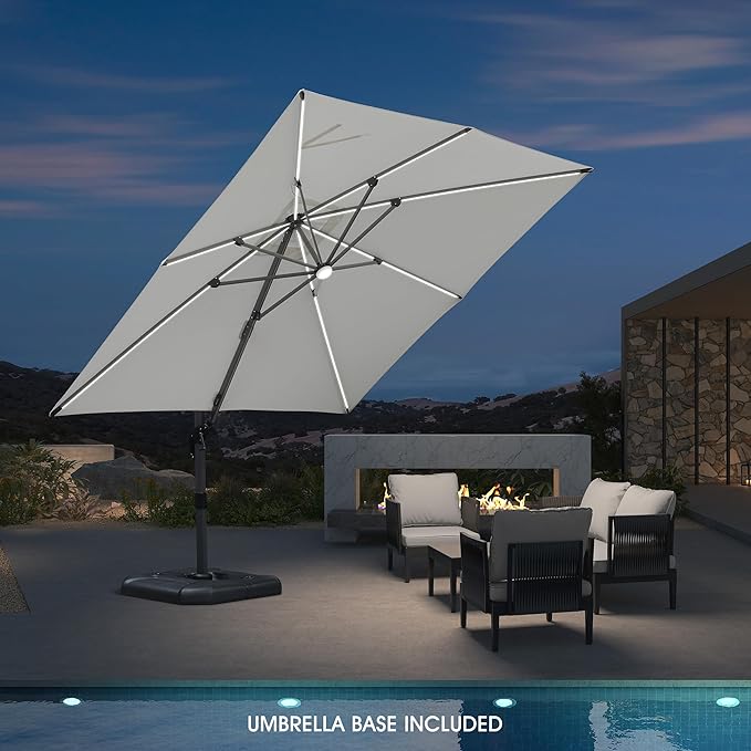 PURPLE LEAF 10 Feet Patio Umbrella with Base Outdoor Cantilever Solar Powered LED Square Umbrella Aluminum Offset Umbrella with 360-degree Rotation for Garden Deck Pool Patio White
