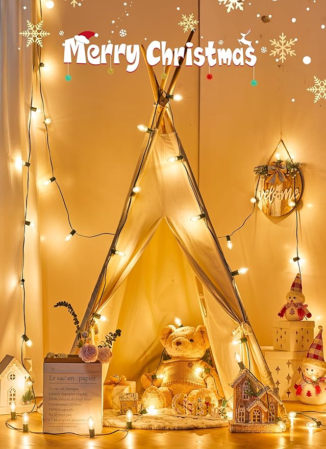 Vintage C9 LED Christmas Lights Outdoor, 100 Feet C9 String Lights with 100 LED C9 Plastic Bulbs, Waterproof Connectable Lights for Christmas Tree Roofline Garden Patio Backyard Decor, Warm White