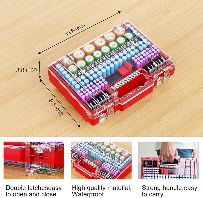 Battery Organizer Storage Holder Box Case with Tester, Stores & Protects Up to 260 Batteries, Double-Clear Locking Lid, Holds AA AAA C D and More (Not Includes Battery Pack) - Red