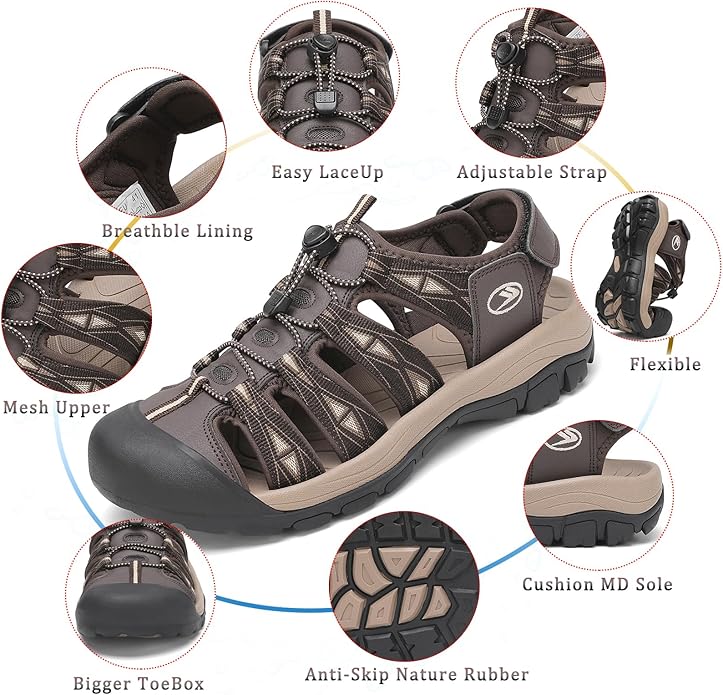 FLARUT Men's Athletic Sandals - Closed Toe Sport Hiking & Outdoor Walking Water Sandals with Anti-Slip Cushioning and Breathable Mesh