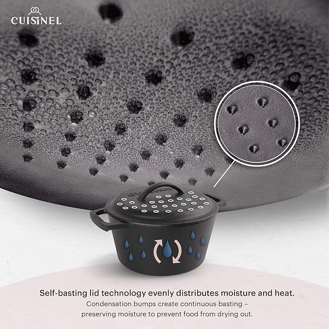 Cuisinel Cast Iron Dutch Oven - 3-Quart Deep Pot + Lid + Pan Scraper + Handle Covers - Large Pre-Seasoned Cooker for Baking Bread, Soup, Frying - Indoor/Outdoor Kitchen, Camping, Fire, BBQ Cookware