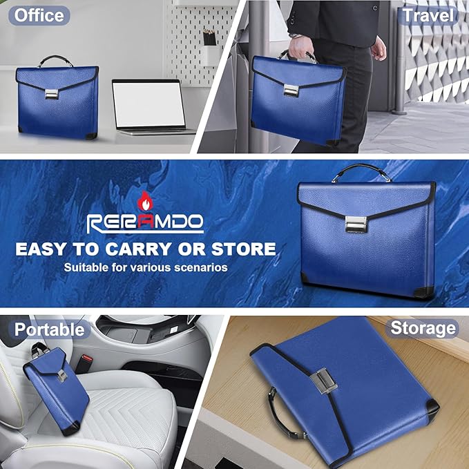 Fireproof Document Bag 14.5"X11"X2.5" Fireproof Money Bag for Cash with Lock and Zipper,Fire&Waterproof Storage Organizer Pouch for Valuables,Legal Document,Laptop,Passport, (Blue)