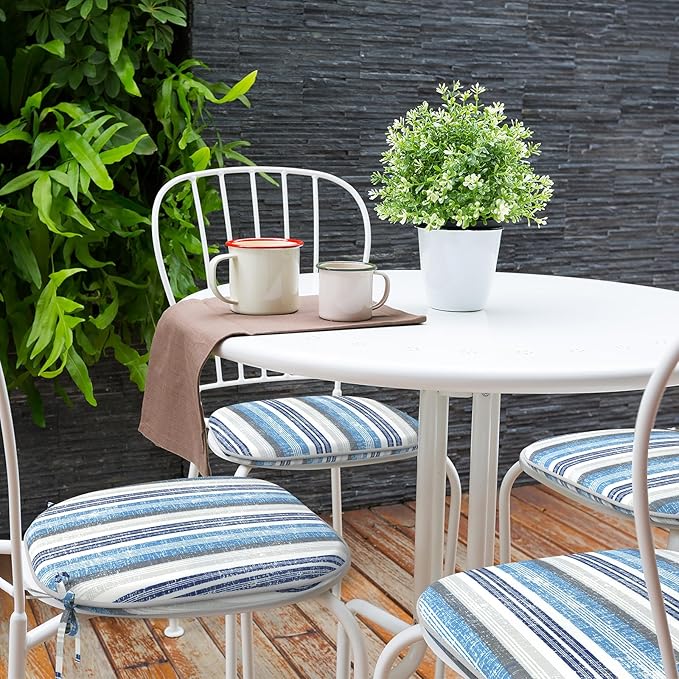 Indoor/Outdoor Chair Cushions 16x17 Inch, Patio Chair Cushions with Ties, All Weather Seat Cushions for Patio Furniture Home Garden Chair Use, Set of 2, Stripe Layered Blue