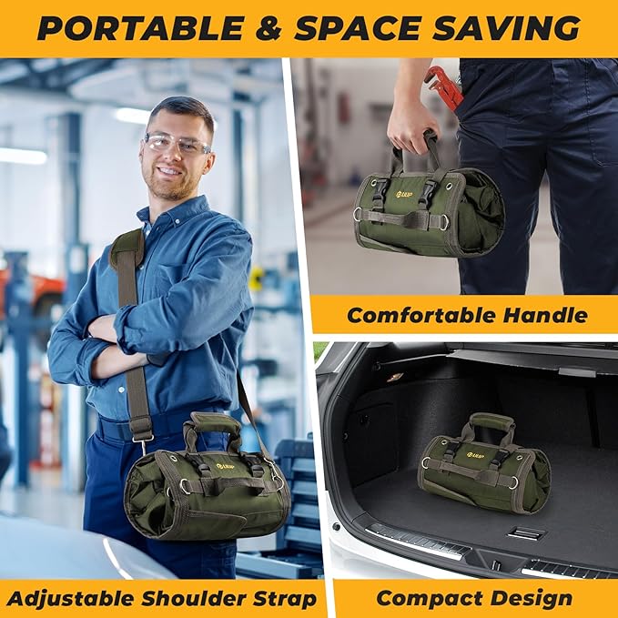 Heavy Duty Tool Bag, Roll Up Tool Organizer for Men Women, Portable Tool Storage Box with 4 Detachable Zipper Pouch, Compact Small Carrier Bag for Electrician Mechanic, Father Day Dad Gift, Green