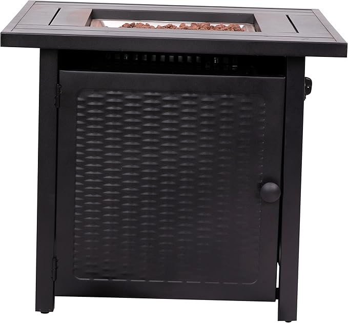 EMMA + OLIVER Calder Fire Table - Black Steel Base - Wicker Detailing - Stainless Steel Top - Removable Lid - Includes Lava Rocks - Hideaway Tank Holder