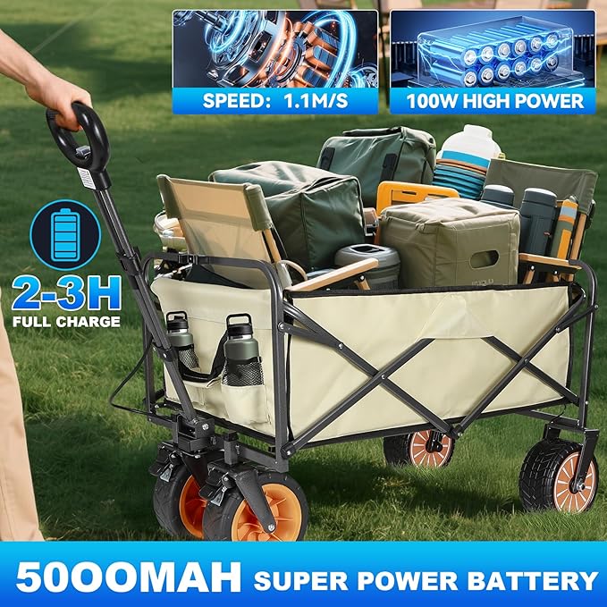 Electric Collapsible Garden Wagon Cart with Wheel,Rolling Foldable Metal Utility Wagon Carts,100w Power and 300lb Capacity, Portable for Camping,Sports,Shopping,Groceries,Laundry (White)