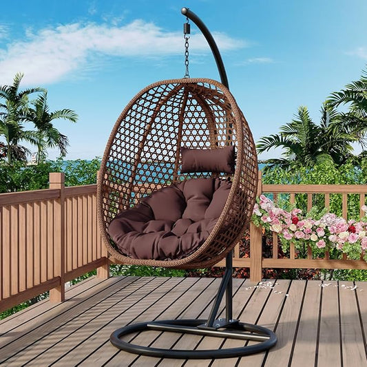 JUFU Egg Swing Chair with Stand,Hanging Egg Chair Indoor Outdoor,Hammock Hanging Basket Chair with Aluminum Steel Frame，Patio Egg Chair with Removable Cushions for Patio Balcony Backyard,Bedrooms