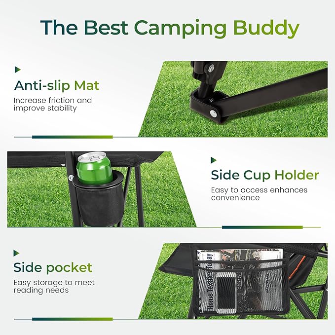 ALPHA CAMP Oversized Folding Camping Chairs for Adults High Backrest Heavy Duty Lawn Chairs Support 500 LBS Portable Camp Chairs with Cup Holders Large Side Pocket Outdoor Chair 2 Pack