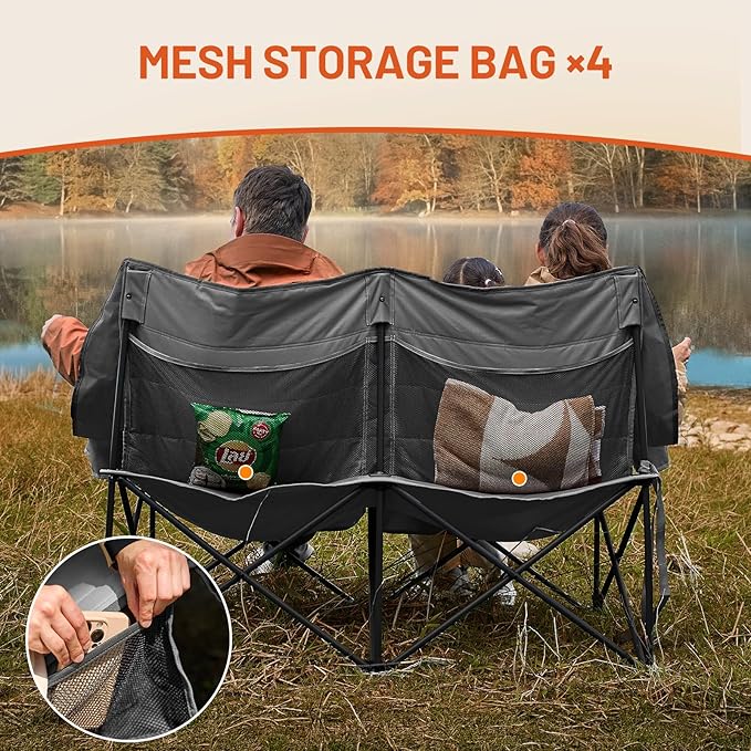 TIMBER RIDGE Heated Double Camping Chair, 700 lbs Heavy Duty Outdoor Folding Camp Couch, Oversized Comfort Loveseat Camping Chairs Perfect for Outdoor Sports, Camping, Lawn(Power Bank not Included)