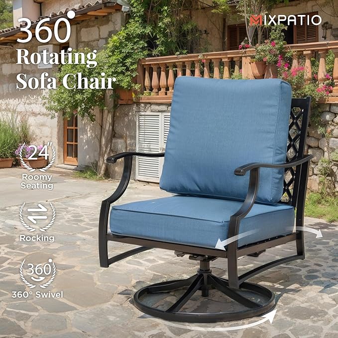 Patio Furniture Set with Fire Pit Table, 5 Pcs Metal Outdoor Conversation Set, 4 Swivel Chairs with 5.75" Extra Thick Cushion and 28" Fire Pit Table for Backyard Deck, Navy Blue