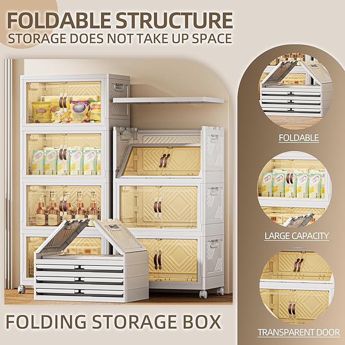 340 QT / 85 Gal Magnetic Door Storage Bins Collapsible Stackable w/1 Lid, Heavy Duty Plastic Cabinet with Wheels for Home Office Organization (White)