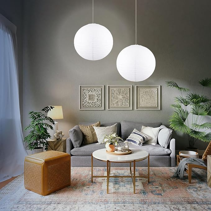 White Round Paper Lanterns, 15.75" Large Hanging Paper Lamp Shade, Chinese/Japanese Paper Lantern Pendant Light for Party Decoration, Home Decor Paper Ceiling Lampshade(2 Pack)