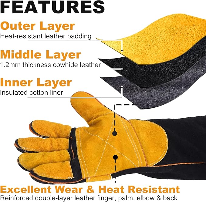 TOPDC Welding Gloves 16 Inches 932℉ Fire/Heat Resistant Leather Welding Gloves For Mig, Tig, Stick, Forge, BBQ, Grill, Fireplace, Wood Stove, Furnace, Oven, Animal Handling for Safe, Loving Pet Care
