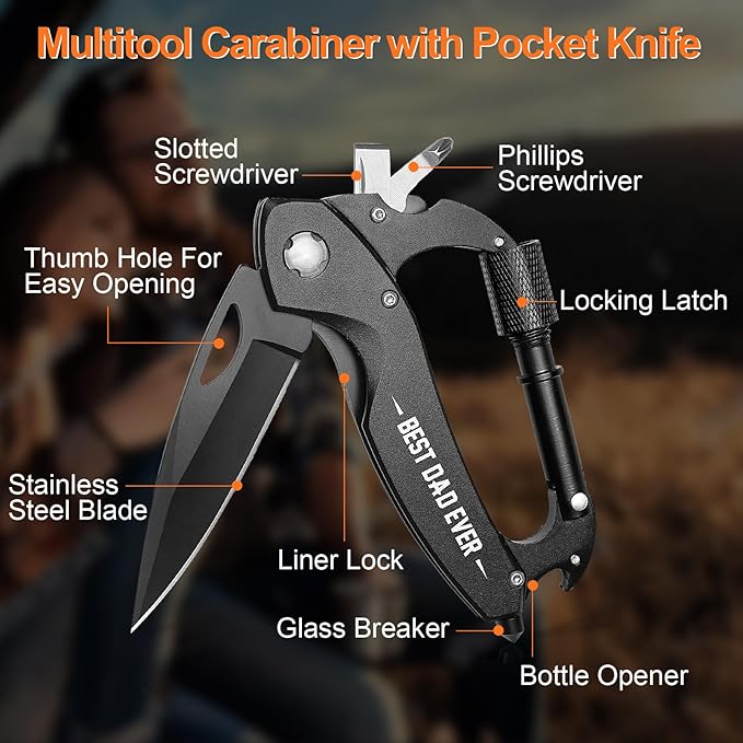 Birthday Gifts for Dad Him Husband, Multitool Carabiner With "Best Dad Ever", EDC Carabiners with Folding Knives, Bottle Opener, Window Breaker and Screwdriver, Survival Gear for Camping Hiking