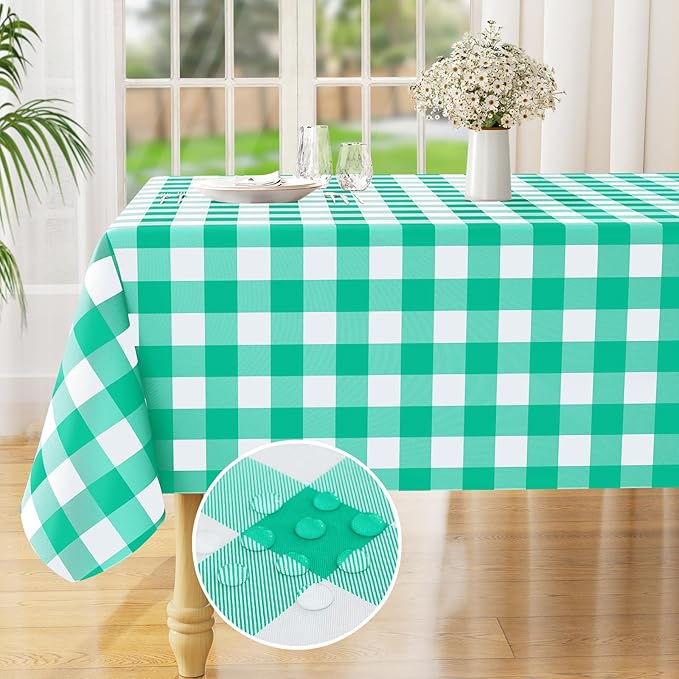 misaya Rectangle Waterproof Vinyl Table Cloth, Buffalo Flannel Backed Tablecloth, Wipeable Plastic Table Cover for Dinner, Kitchen, Outdoor (52" x 70", Green and White)