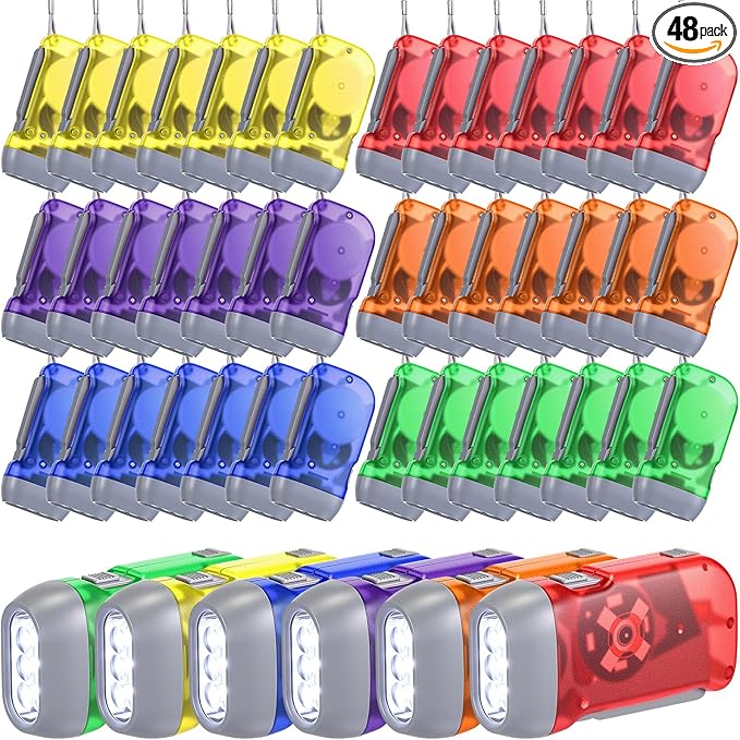 Leelosp 48 Pcs Hand Crank Flashlight No Battery Required Cranked Flashlight Manual Press Flash Light 3 LED Squeeze Light for Camping Hiking Power Outage Gift (Red Blue Purple Orange Yellow Green)