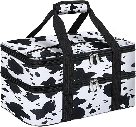 Double Insulated Casserole Carrier, Portable Casserole Carrier for Hot or Cold Food Lunch Tote Warmer or Cooler Bag, Lasagna Lunch Bag for Potluck Parties- Fits 9" x 13" Baking Dish-Cow Pattern