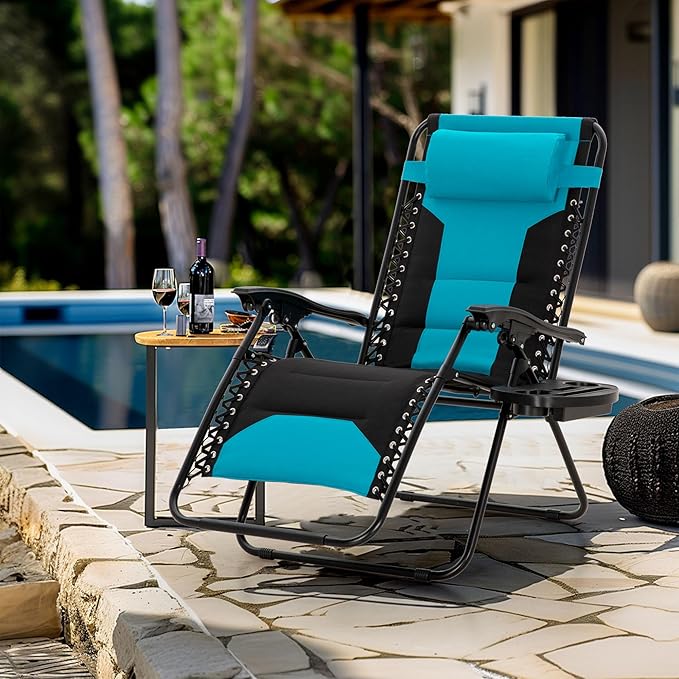 MFSTUDIO Padded Zero Gravity Chair Set of 2, Folding Patio Lounge Recliner with Adjustable Pillows & Cup Holder for Poolside Backyard, Support 400lbs(Pacific Blue)
