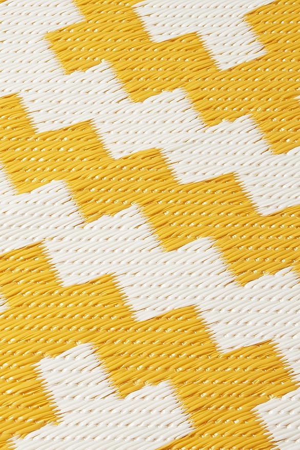 FH Home Outdoor Rug - Waterproof, Fade Resistant, Reversible - Premium Recycled Plastic - Geometric - Large Patio, Deck, Sunroom, Camping, RV - Aztec - Yellow & White Crease Free - 6 x 9 ft