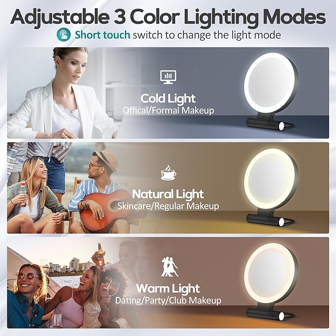 B Beauty Planet Magnifying Mirror with Light 30X, Double-Sided 1X/ 30X Magnifying Makeup Mirror with Tweezer, 2000mAh 3 Colour Modes with Adjustable Brightness,Foldable Compact Travel Mirror(Black)