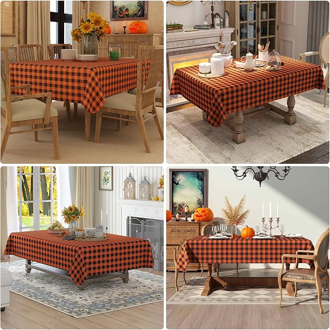 misaya Rectangle Waterproof Vinyl Table Cloth, Buffalo Flannel Backed Tablecloth, Wipeable Plastic Table Cover for Dinner, Kitchen, Picnic (60" x 84", Orange and Black)