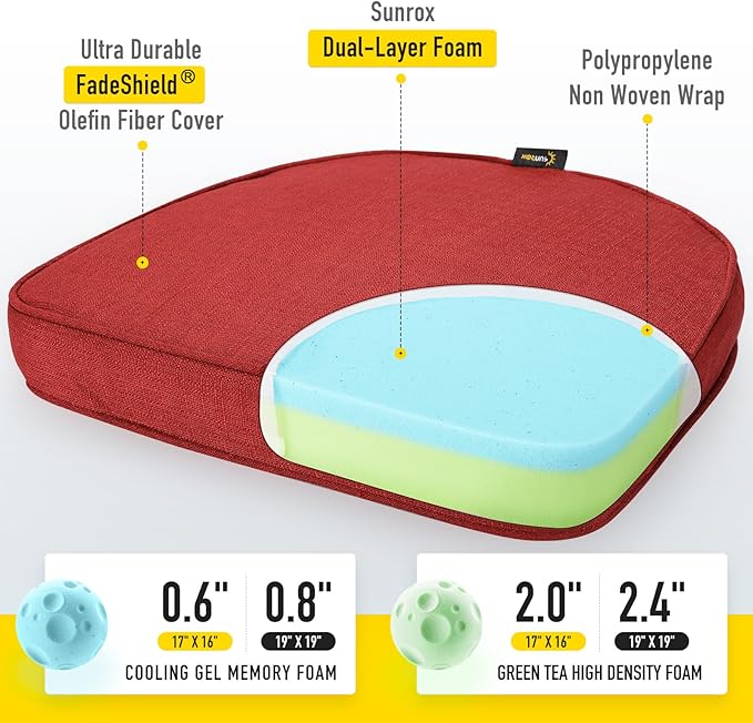 SUNROX Gel Memory Foam Chair Cushions, FadeShield Water-, Stain-Resistant Durable Reversible Seat Cushion Pads with Ties for Indoor/Outdoor Kitchen Dining Office 17"x16" Set of 6, Burgundy
