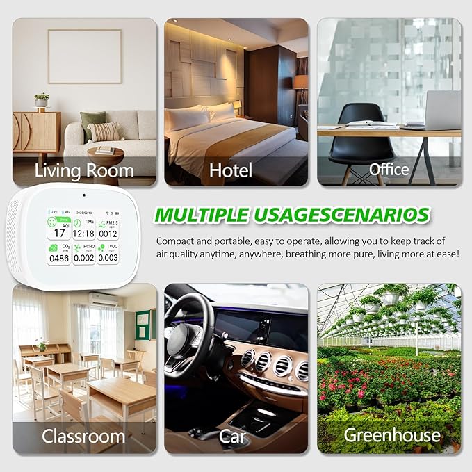 18-in-1 Smart Air Quality Monitor - Indoor WiFi Air Quality Detector with Dual Chip, Real-Time for AQI, CO2, PM2.5, PM1.0, PM10, TVOC, HCHO, Time Display, Temperature & Humidity with APP (White-White)