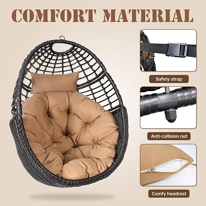 Egg Swing Hanging Chair with Stand, Outdoor Rattan Egg Hammock Chair with Cushion Pillow for Indoor Bedroom Patio Garden for 330lbs/150kg - Dark Brown