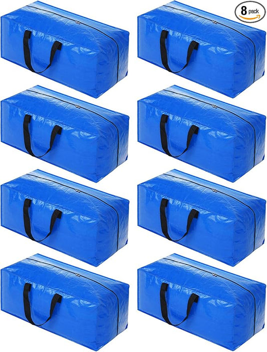 8 Pack Heavy Duty Extra Large Moving Bags Storage Tote - Strong Handles& Backpack Straps - Space Saving Storage Bags Alternative to Moving Boxes and Bins,Compatible with Ikea Frakta Cart, Blue