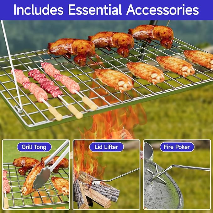 Grill Swing Campfire Cooking Stand, BBQ Grill for Cookware, Bruntmor Dutch Oven Adjustable Collapsible Legs with Hooks and Accessories