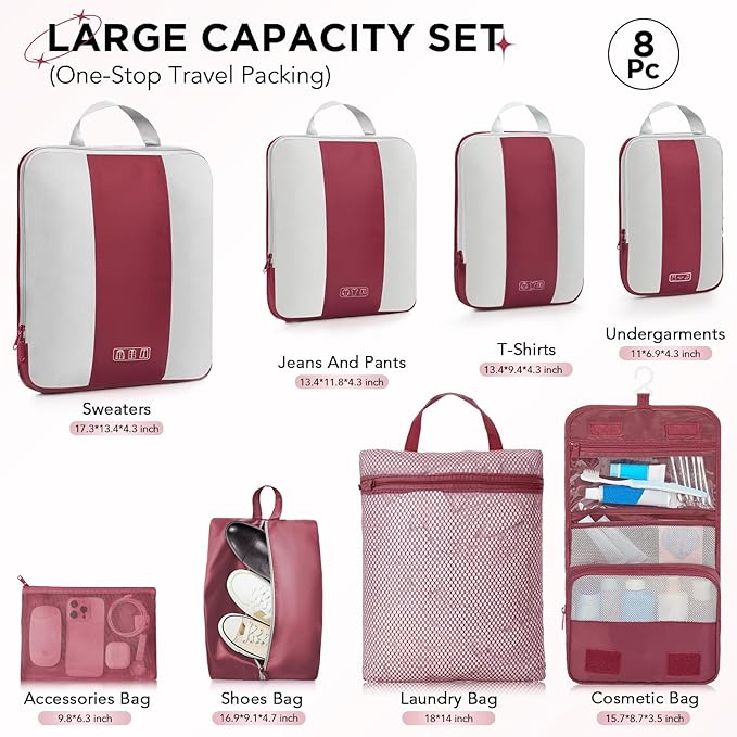 8 Set Compression Packing Cubes for Travel Essentials,Compressible Expandable Packing Cubes for Suitcase,OlarHike Luggage Organizer Bags for Travel,Handy Helper for Organizing Clothes(Wine Red)