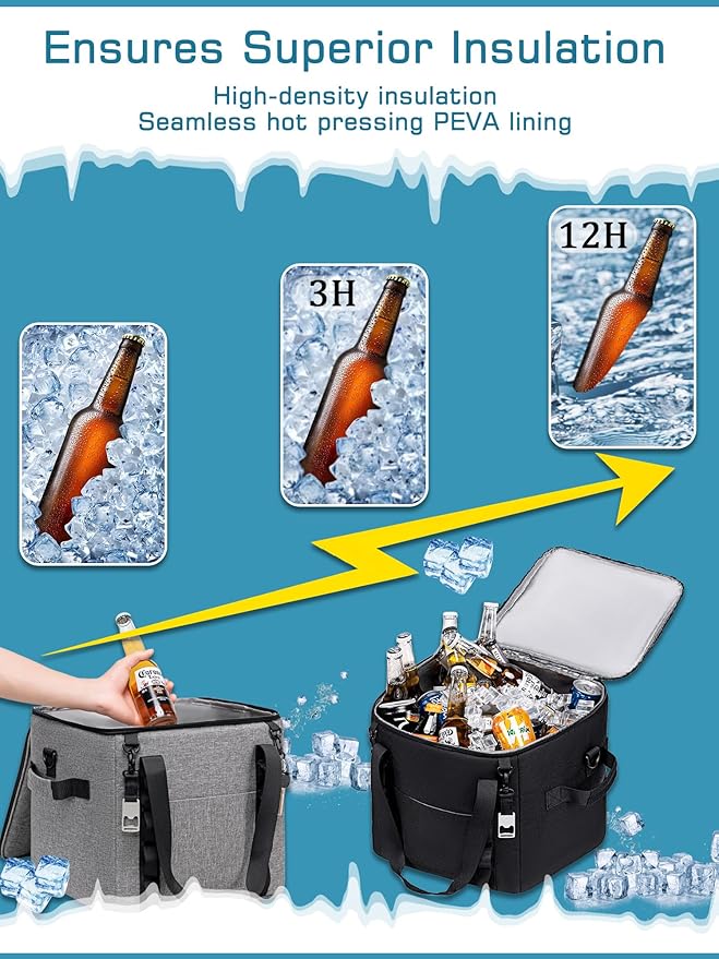 Insulated Soft Cooler Bag 12"x12"x12" Large Leakproof Soft Sided Ice Chest for Travel Beach Camping, 50 Cans Portable Cooler Box for Grocery Shopping, Road Trips