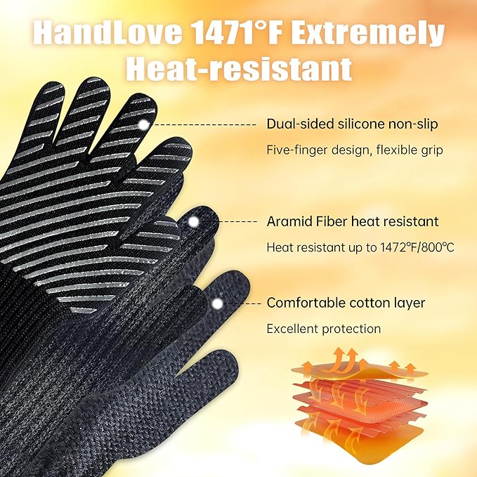 HandLove BBQ Gloves, Oven Gloves with Fingers –1472℉ Heat Resistant Gloves for Grilling | Aramid Retardant Non-Slip Grip, Long Cuff Mitts, Black,L