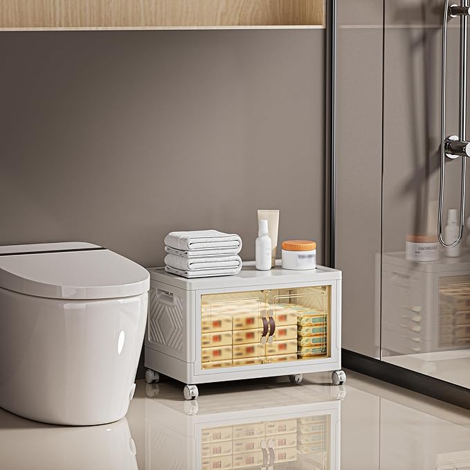 68 QT / 17 Gal White Storage Bins with 1 Lid - Collapsible Stackable Cabinet Organizer w/Wheels & Magnetic Doors, Plastic Storage Box for Office Closet Organization