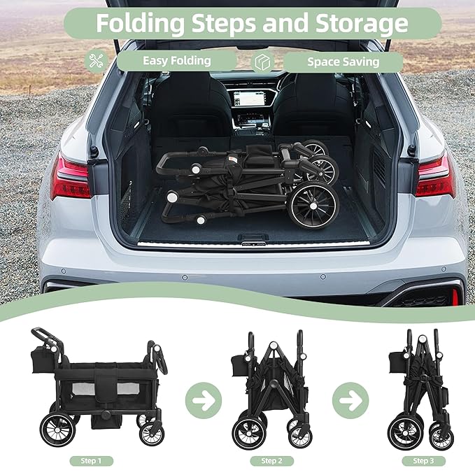 Wagon Stroller for 2 Kids, All-Terrain Stroller Wagon, Foldable Kids Wagon Cart Featuring with Harnesses, Adjustable Double Push Handle, Removable Canopy, Snack Tray, Large Storage Bag, Black