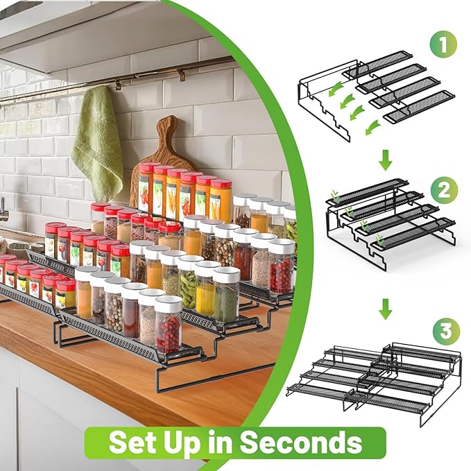4 Tier Spice Rack Organizer for Inside Cabinet Expandable Display Riser Shelf Seasoning Organizer for Countertop Cupboard Pantry Adjustable Step Storage Holder with Protection Railing (Black, 2PC)