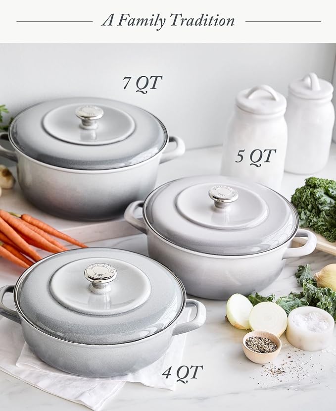 Merten & Storck 7QT Round Dutch Oven Casserole Pot with Lid, European Crafted Enameled Iron Stockpot, Induction & All Cooktops, Braising, Stews, Roasting, Slow Cooking, Sourdough, Cloud Gray