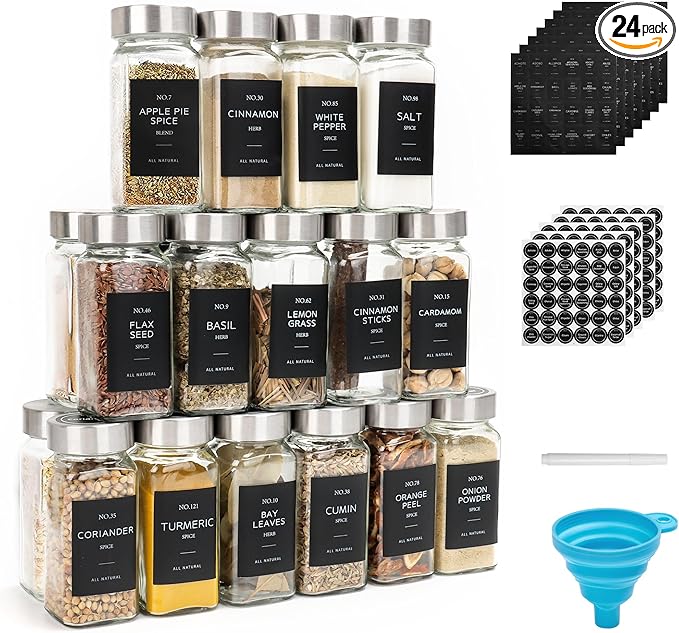 24 Pcs Glass Spice Jars with Label, 4oz Spice Jars with Lids, Seasoning containers Set, Comes with spice bottle caps, Silicone Collapsible Funnel,chalk, for Spice Rack, Cabinet, Drawer