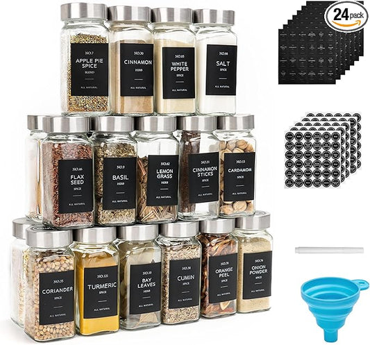 24 Pcs Glass Spice Jars with Label, 4oz Spice Jars with Lids, Seasoning containers Set, Comes with spice bottle caps, Silicone Collapsible Funnel,chalk, for Spice Rack, Cabinet, Drawer