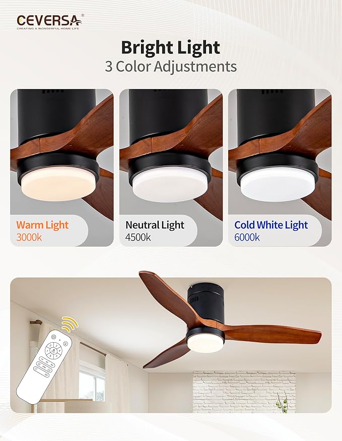 42 Inch Low Profile Ceiling Fans with Lights and Remote, Flush Mount Ceiling Fan with Lights, 3 Blades Solid Wood Walnut Hugger Easy Installation for Living Room, Bedroom, Farmhouse, Indoor