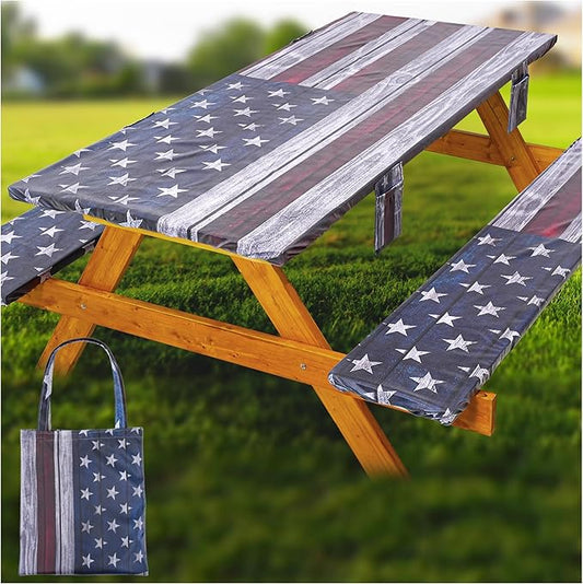 Fitted Picnic Table Cover with Bench Covers Waterproof Elastic Edges Rectangle Patio Tablecloth Outdoor Camping Essentials Stuff Rv Accessories Summer Trip Travel Supplies Party Camper Gifts, 8 ft