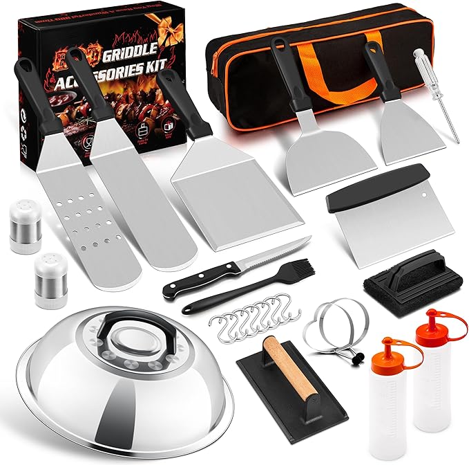 26-Piece Griddle Accessories Kit, HaSteeL Flat Top Grill Utensils Tool Set, Stainless Steel Spatulas, Griddle Scraper Chopper, Melting Dome, Bacon Press for Teppanyaki Cooking BBQ, Dishwasher Safe
