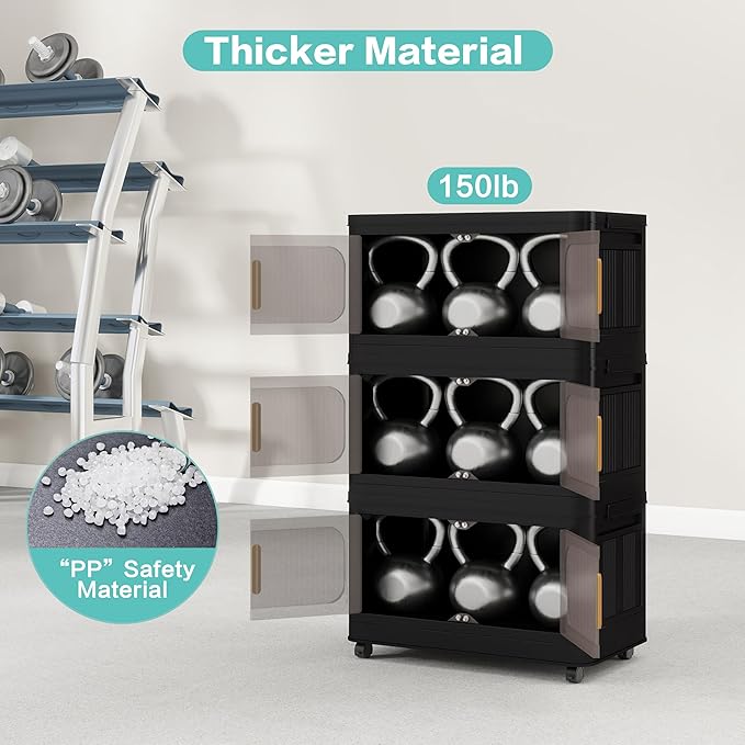 Holaki 156 QT Storage Bins with Lid, 4 Tiers Collapsible Closet Organizers, Stackable Plastic Storage Bins Cabinet Box with Wheels and Magnetic Door(Black)