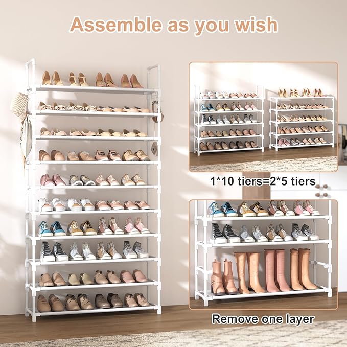 VTRIN 10 Tiers Shoe Rack Tall Large Capacity 50 Pairs Wide Shoe Organizer Sturdy Shoe Shelf for Entryway with Two Hooks Metal Shoe Storage for Closet, Bedroom, White, XJ-113