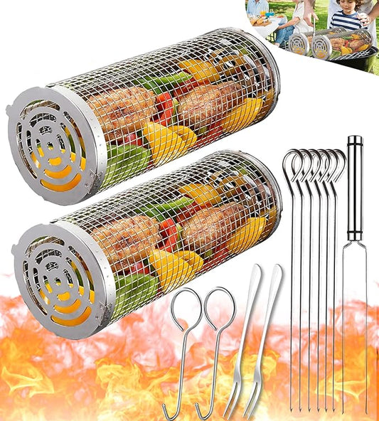 Rolling Grilling Baskets for Outdoor Grill Must Have Bbq Round Mesh Net Tube Large Barbecue Cylinder Cage Essentials Gadgets Cooking Accessories for Picnic Veggies Vegetable Fish Meat, Gift for Men