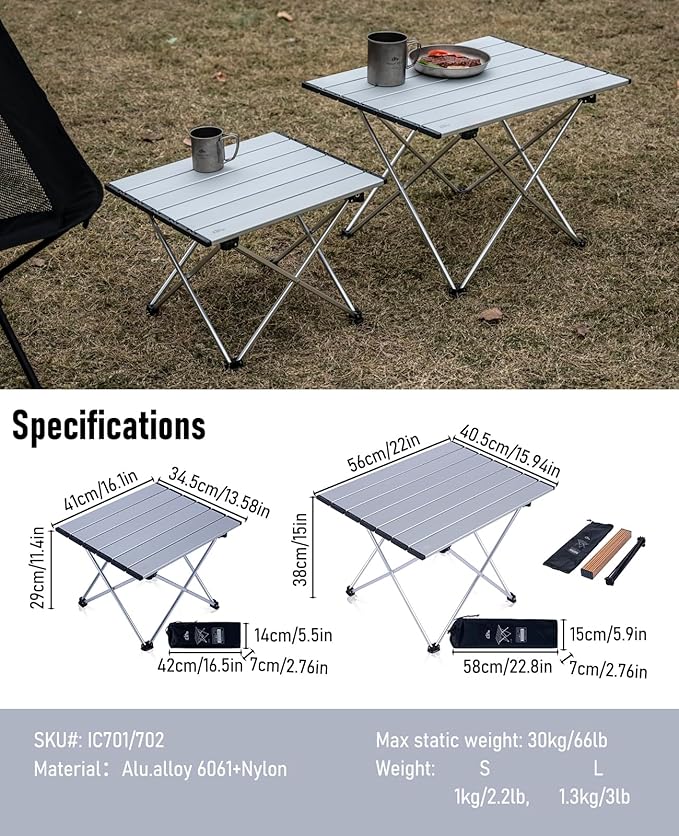 iClimb Ultralight Compact Camping Folding Table with Carry Bag (Silver - L)