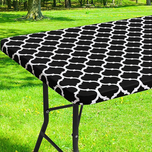 Smiry Rectangle Picnic Table Cover, Waterproof Elastic Fitted Camping Tablecloths for 8 Foot Tables, Wipeable Flannel Backed Vinyl Tablecloth Protector for Indoor, Outdoor (Black, 30x96 Inches)