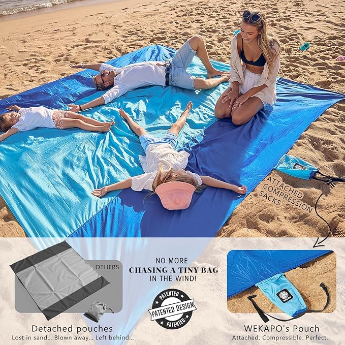 WEKAPO Beach Blanket Sandproof Waterproof, Extra Large Beach Mat, Oversized & Compact Sand Free Mat Quick Drying, Lightweight & Durable with 6 Stakes & 4 Corner Pockets